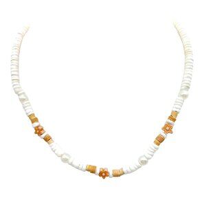 Retro Seashell Heishi Choker with Sweet Floral and Pearl Accent Beads, Vintage